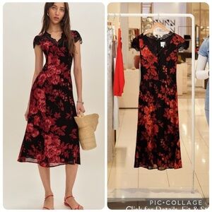 NWT Reformation Tiffie Lace Trim Bow V-neck Midi Dress in Basilica Floral Size 0